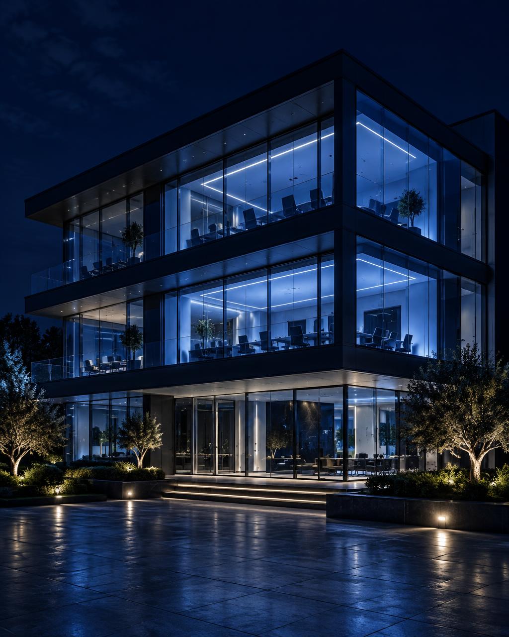 Imóvel residencial moderno iluminado à noite